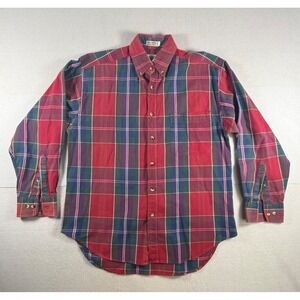 World Island Mens Plaid Button Down Shirt Red Green Blue Cotton Long Sleeve M